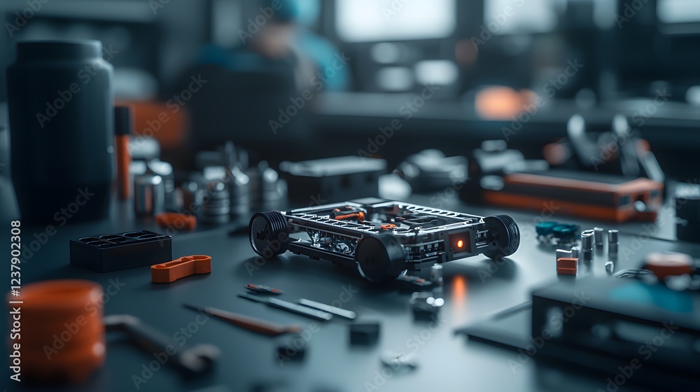 Naklejka premium Close-Up of Partially Assembled Robot on Workbench Surrounded by Tools and Components in Workshop