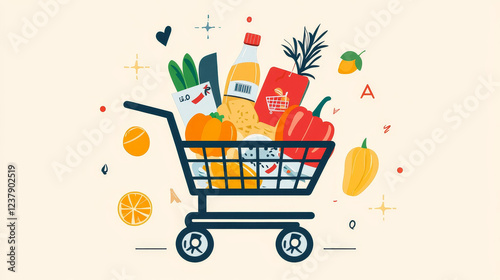 Shopping cart, grocery products online fast delivery isolated. Vector online order and delivery, trolley with retail basket, online deliver shoppingcart pushcart with food, buyers bag with fruits photo