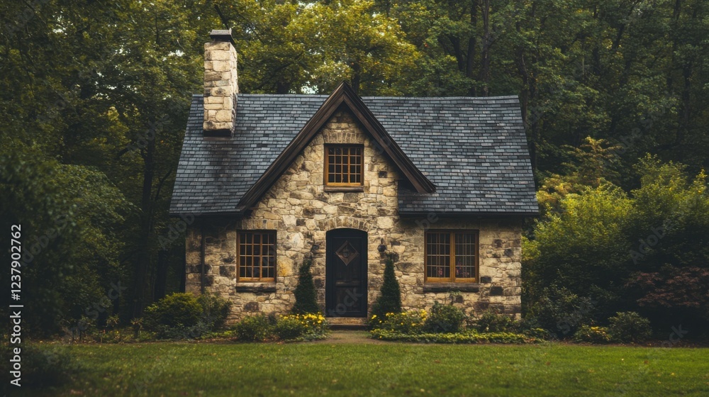 Obraz premium Stone Cottage in the Woods: A Serene Escape