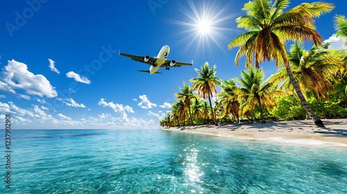 Airplane Landing Over Tropical Beach Paradise Sunny Skies Palm Trees Ocean View