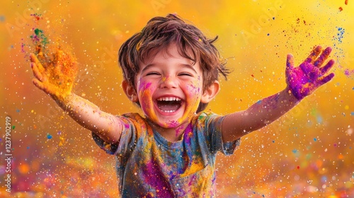Joyful Holi Celebration: Young Kids Playing with Liquid Colours and Water Splash in Indian Festival of Colours Concept