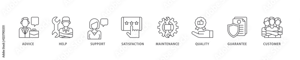 After-sales service icon set flow process which consists of advice, help, support, satisfaction, maintenance, quality, guarantee, customer icon live stroke and easy to edit . After-sales service icon set flow process which consists of advice, help, support, satisfaction, maintenance, quality, guarantee, customer icon live stroke and easy to edit .