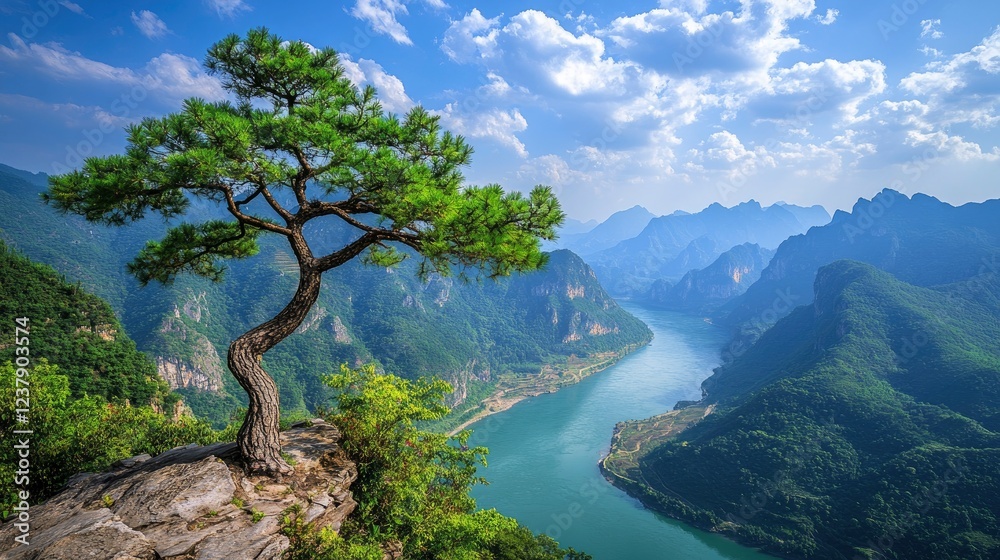 The green pine tree stands on the cliff, overlooking Dabie Mountain The green pine tree stands on the cliff, overlooking Dabie Mountain