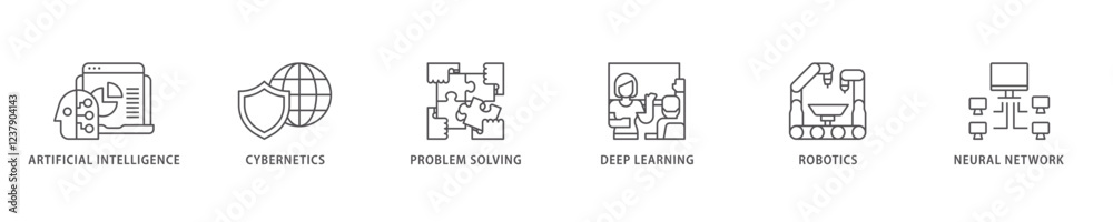 AI icon set flow process which consists of cybernetics, problem-solving, deep learning, machine learning, robotics and neural network icon live stroke and easy to edit . AI icon set flow process which consists of cybernetics, problem-solving, deep learning, machine learning, robotics and neural network icon live stroke and easy to edit .