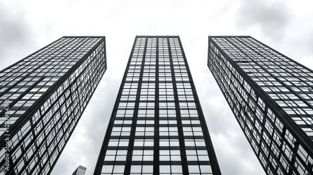 Fototapeta premium Three Modern Skyscrapers Under a Cloudy Sky