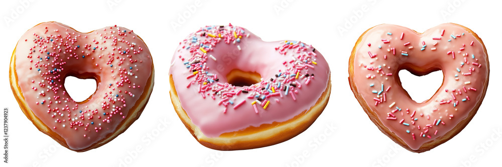 Heart-shaped donuts with colorful sprinkles, showcasing a delightful and sweet design. Heart-shaped donuts with colorful sprinkles, showcasing a delightful and sweet design.