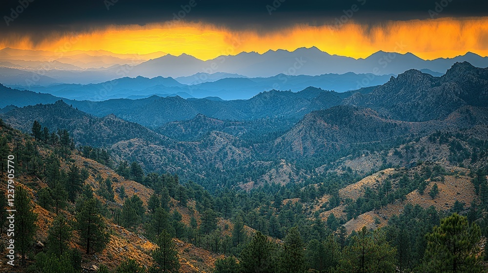 Majestic Mountain Ranges Sunset Landscape View Majestic Mountain Ranges Sunset Landscape View