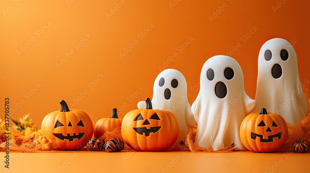 Halloween ghosts with pumpkins set against an orange background, creating a festive and spooky atmosphere perfect for celebrating the Halloween season