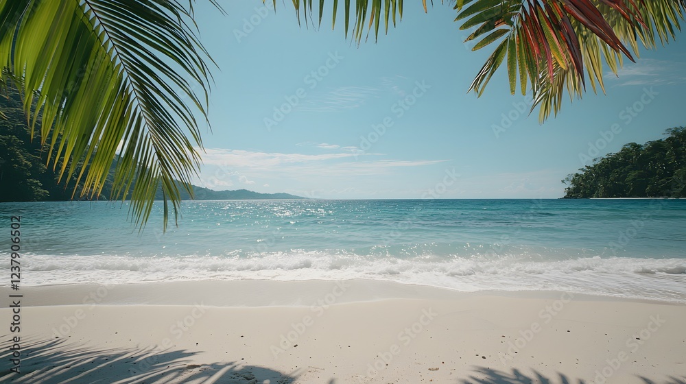 Fototapeta premium Serene Tropical Paradise with Gentle Waves on Pristine Beach under Bright Blue Sky
