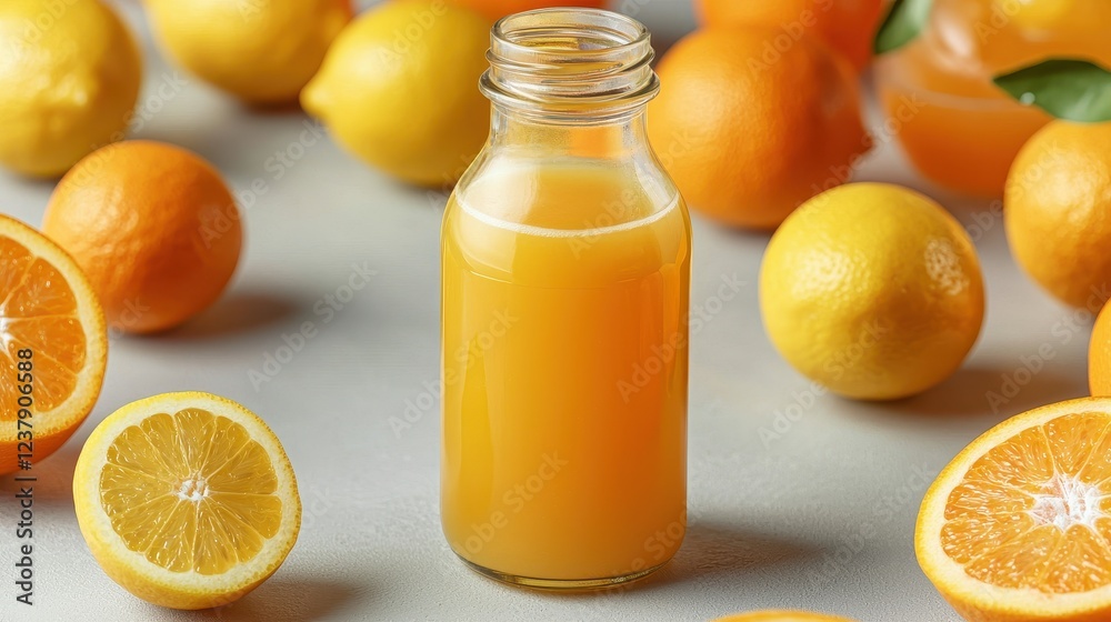 A vibrant bottle of fresh orange juice surrounded by whole and sliced lemons and oranges, showcasing a refreshing, citrusy theme. A vibrant bottle of fresh orange juice surrounded by whole and sliced lemons and oranges, showcasing a refreshing, citrusy theme.