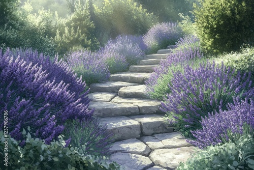 Sunlit stone steps lined with lavender, garden path, tranquil scene, nature background, peaceful landscape photo