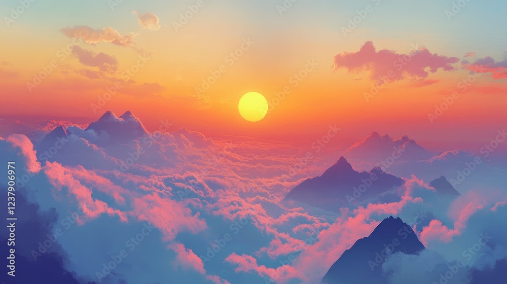 The sun rises in the distance, with mountains below and clouds above. The sky is colorful, and there's an atmosphere of hope for new beginning. The sun rises in the distance, with mountains below and clouds above. The sky is colorful, and there's an atmosphere of hope for new beginning.