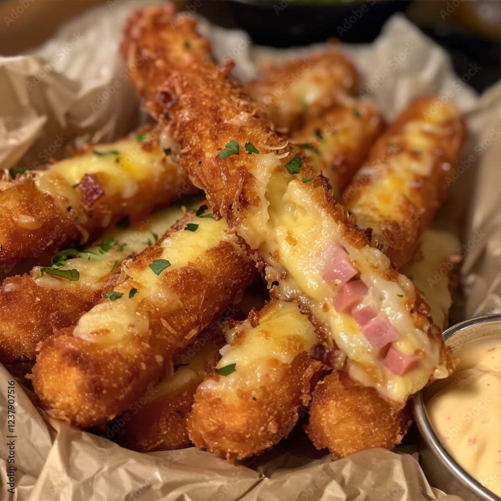 Crispy Fried Ham and Cheese Sticks Delightful Appetizer in Paper Lined Basket Ready to Eat Crispy Fried Ham and Cheese Sticks Delightful Appetizer in Paper Lined Basket Ready to Eat