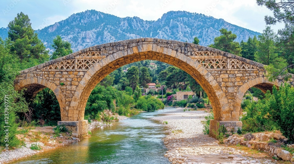 Ancient Stone Arch Bridge over a Serene River in a Mountainous Landscape Ancient Stone Arch Bridge over a Serene River in a Mountainous Landscape
