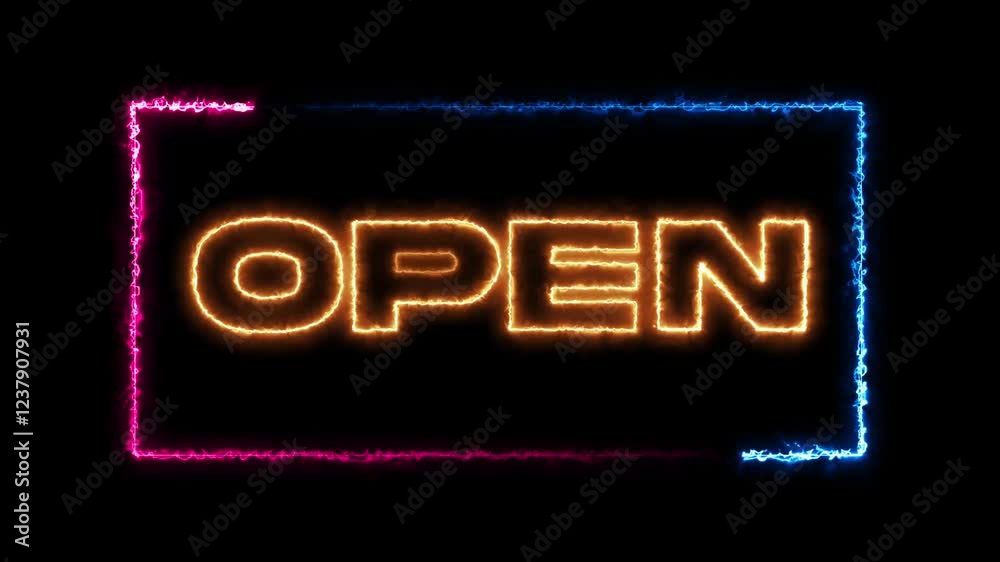 Glowing neon text open pink and blue text filck shape isolated on black background Glowing neon text open pink and blue text filck shape isolated on black background