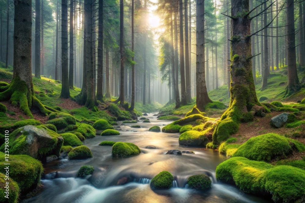 Fototapeta premium Serene forest stream flowing through a mossy, sun-dappled woodland, creating a tranquil and peaceful atmosphere
