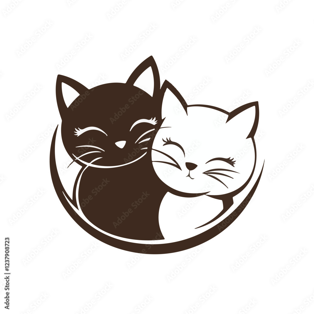 Obraz premium Cute illustrated cats group vector. Shelter worker feeding a group of cats care compassion. There are many different colored cats that are grouped together Art & Illustration
