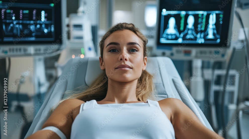 Naklejka premium A Young Woman Receiving Medical Care in a Hospital Intensive Care Unit Surrounded by Advanced Monitoring Equipment and Medical Displays