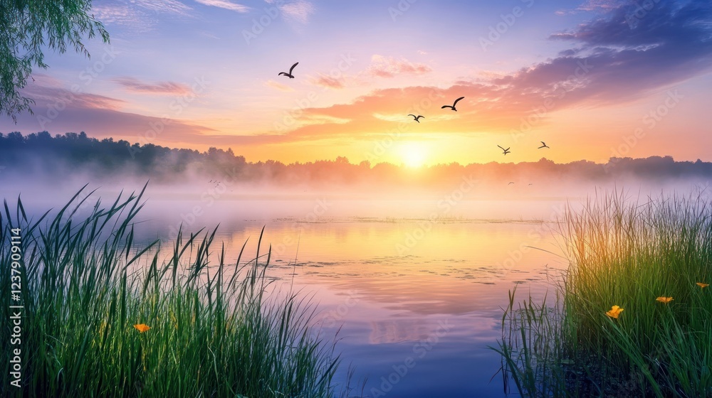A serene sunrise over a misty lake, with birds flying and lush grass framing the scene. A serene sunrise over a misty lake, with birds flying and lush grass framing the scene.