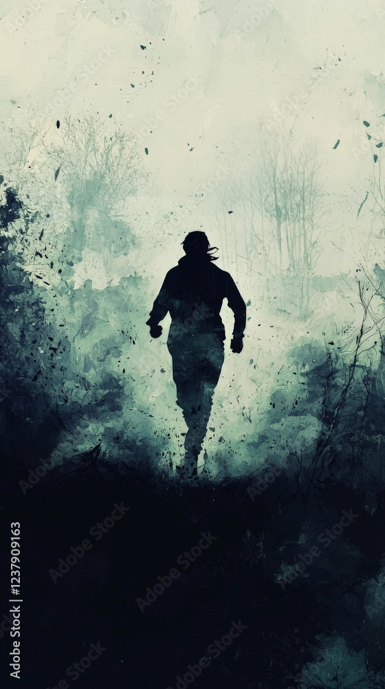 Fototapeta premium a person running away from nothing - dark watercolor painting