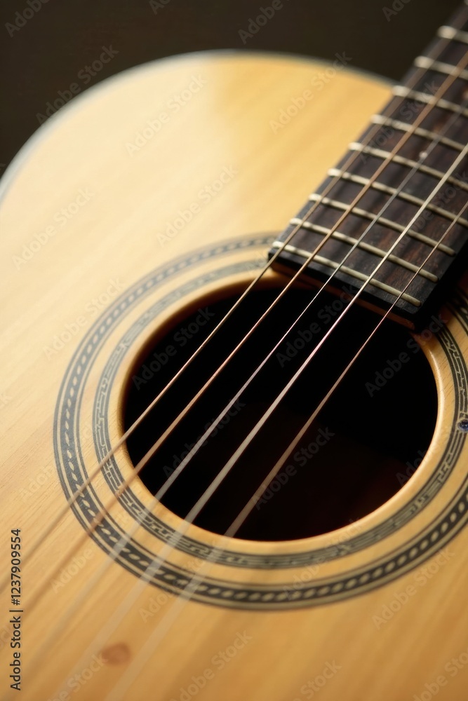 Close-up view of an acoustic guitar's soundhole and strings, showcasing the intricate detail and craftsmanship of the instrument's body Close-up view of an acoustic guitar's soundhole and strings, showcasing the intricate detail and craftsmanship of the instrument's body