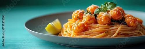 Delicious Pasta Dish with Tomato Sauce and Basil photo