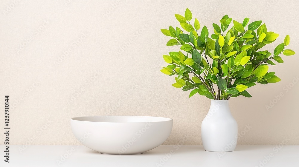 Fototapeta premium White Bowl and Vase with Green Plant On Beige Textured Wall