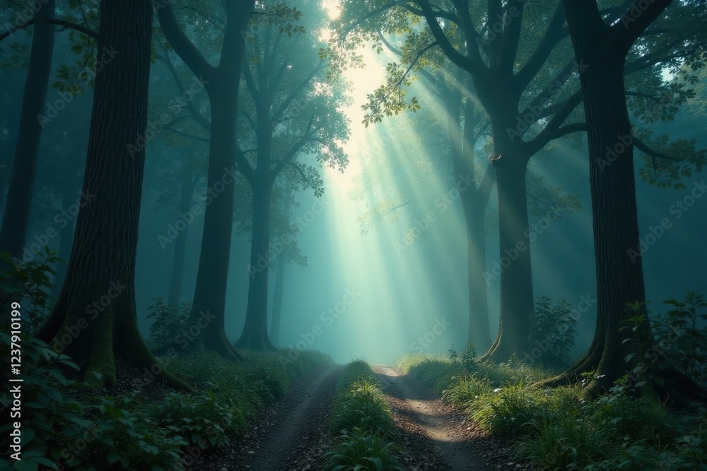 Obraz premium Mystical Forest Path Sunbeams Illuminate a Foggy Woodland Trail, Creating an Air of Serenity and Mystery