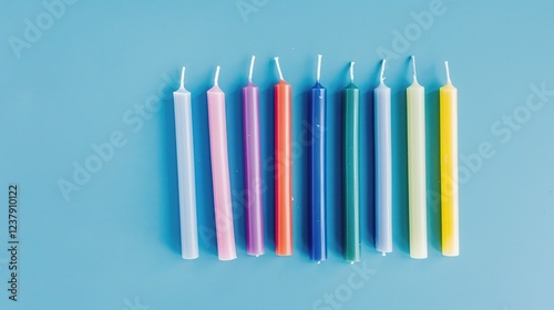 A row of lit colorful birthday candles standing out against a blue background, vividly symbolizing celebration and joy