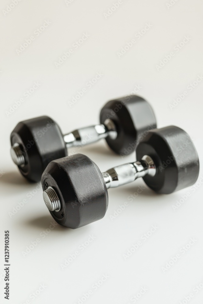 Weightlifting dumbbells paired for fitness displayed on a clear, solid surface. Weightlifting dumbbells paired for fitness displayed on a clear, solid surface.