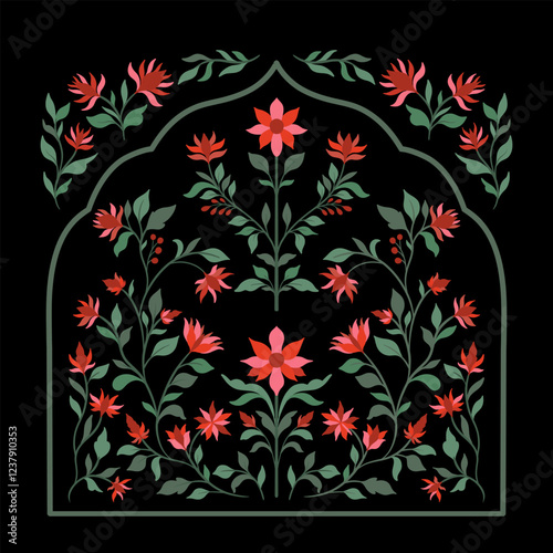 Mughal decorative ornamental floral. Vintage intricate traditional mughal style with flowers and foliage.