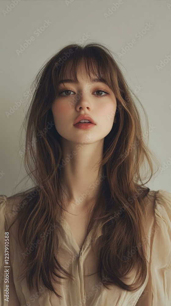 Portrait of a Beautiful Woman with Long Brown Hair and Bangs in a Soft and Gentle Pose Portrait of a Beautiful Woman with Long Brown Hair and Bangs in a Soft and Gentle Pose