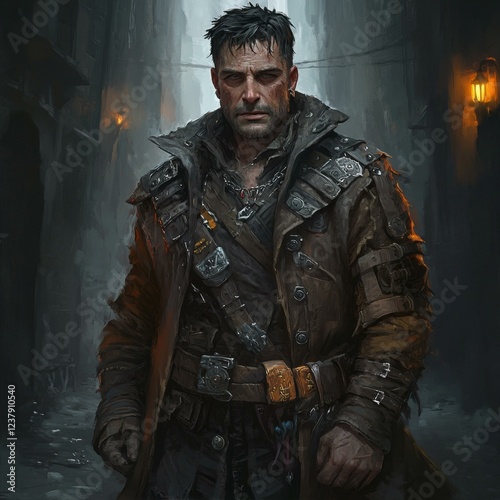 Rugged Explorer In Dark Alley With Leather Outfit And Silver Pendant Awaiting His Next Mission