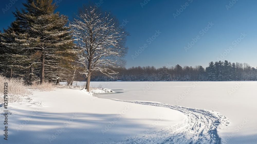 A winter wonderland with snow-covered trees, frozen lakes, and a crisp blue sky. A winter wonderland with snow-covered trees, frozen lakes, and a crisp blue sky.