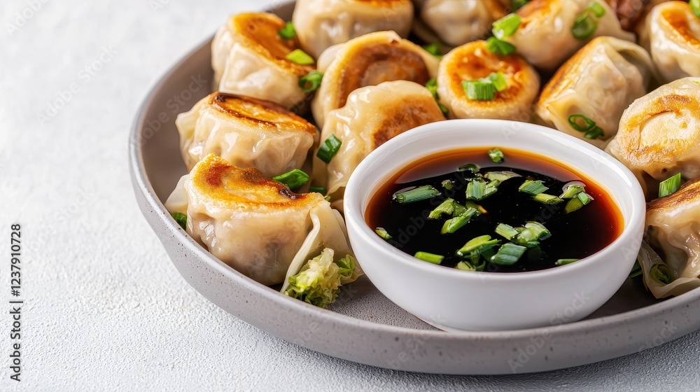 A plate of delicious dumplings served with a savory dipping sauce, garnished with chopped green onions. A plate of delicious dumplings served with a savory dipping sauce, garnished with chopped green onions.