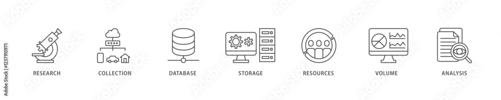 Big data icon set flow process which consists of research, collection, database, storage, resources, volume and analysis icon live stroke and easy to edit . Big data icon set flow process which consists of research, collection, database, storage, resources, volume and analysis icon live stroke and easy to edit .
