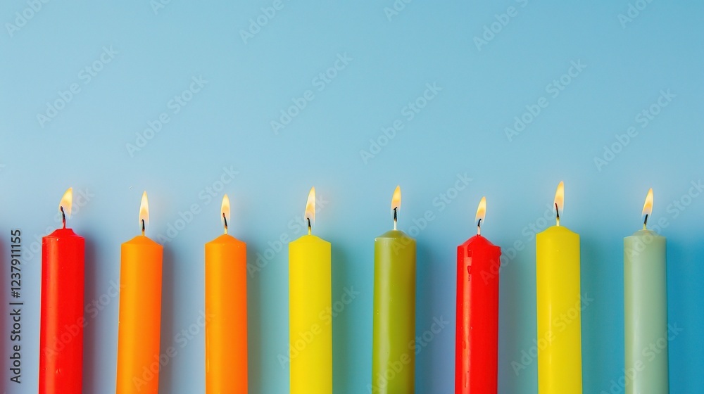 A row of lit colorful birthday candles standing out against a blue background, vividly symbolizing celebration and joy A row of lit colorful birthday candles standing out against a blue background, vividly symbolizing celebration and joy