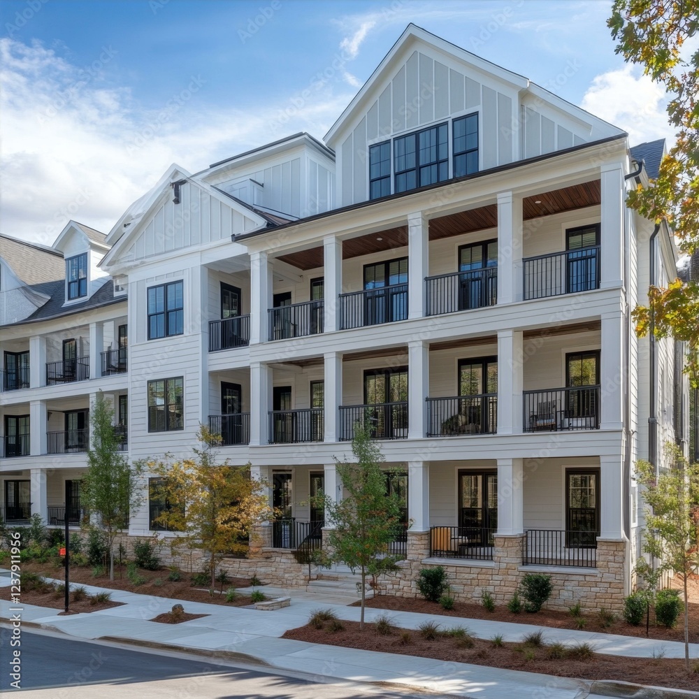 White Modern Apartment Building Exterior with Porches and Balconies on a Cloudy Afternoon White Modern Apartment Building Exterior with Porches and Balconies on a Cloudy Afternoon