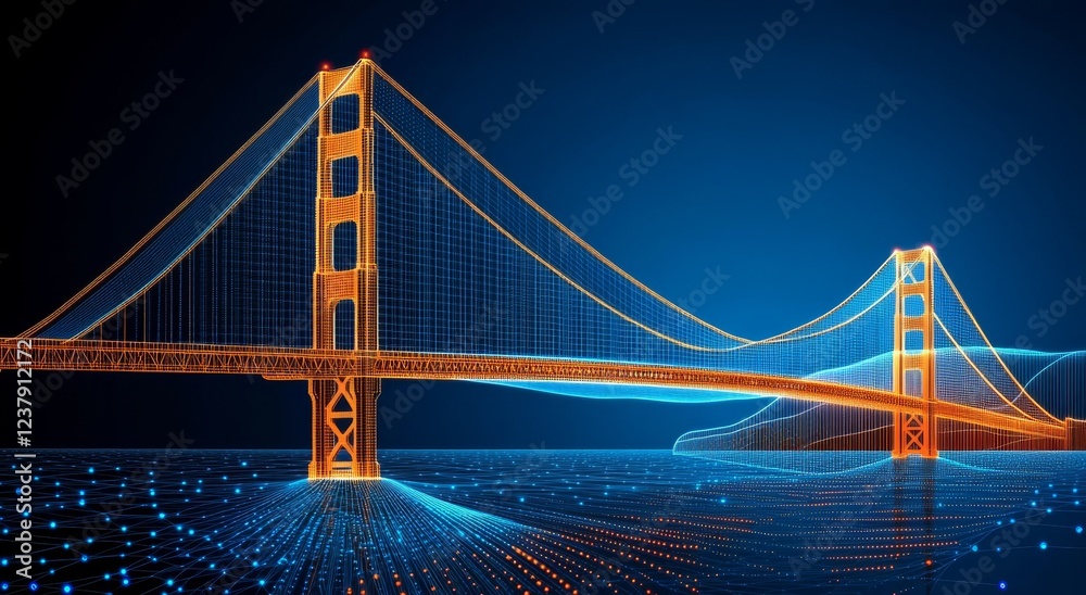 Obraz premium Golden Gate Bridge Made of Orange and Blue Data Points, Intricate Lines, and Dots