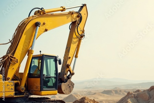 Powerful Excavator Arm Against a Desert Landscape A Symbol of Construction and Industry