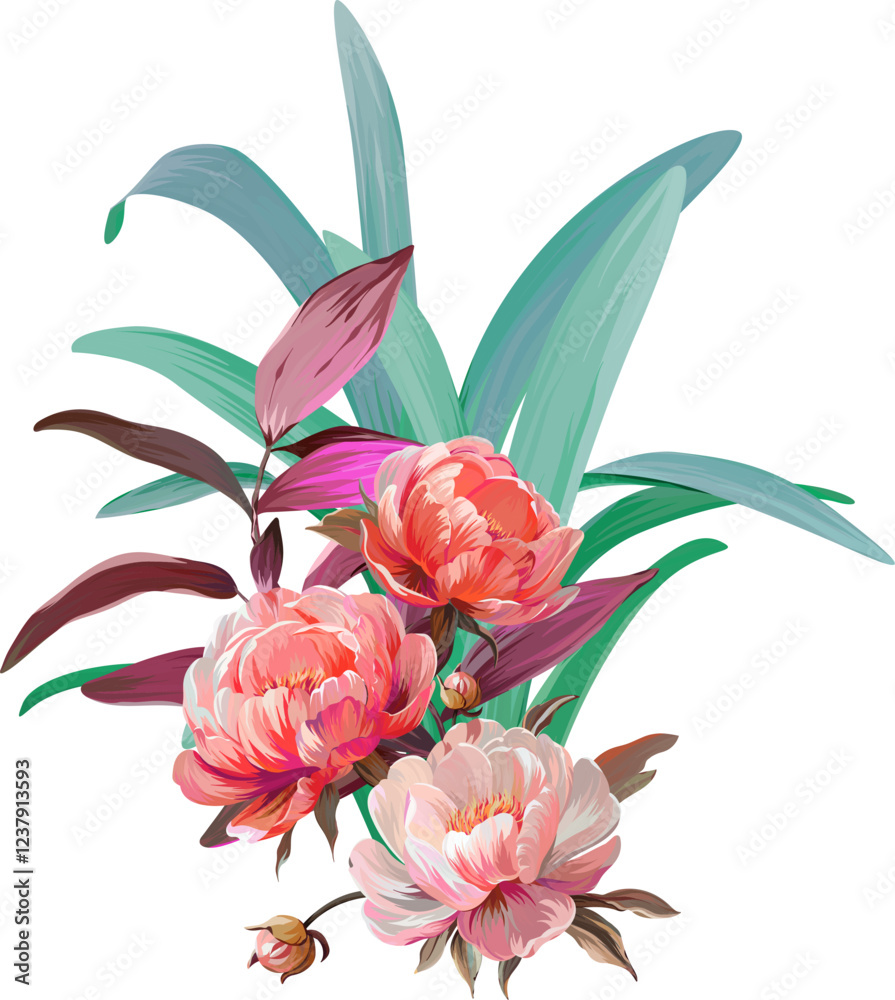 Obraz premium Vector bouquet of flowers. Roses, peonies, rose hips, foliage, bright summer flowers. Rose, peony