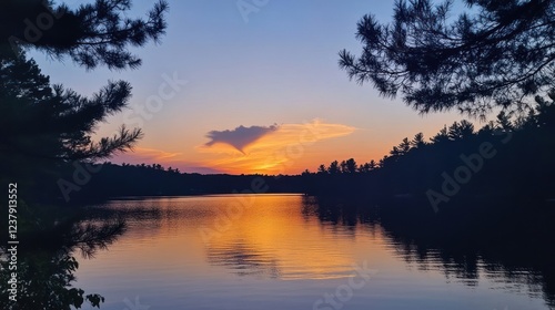 A serene sunset over a calm lake, framed by trees, creating a peaceful atmosphere.
