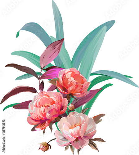 Vector bouquet of flowers. Roses, peonies, rose hips, foliage, bright summer flowers. Rose, peony