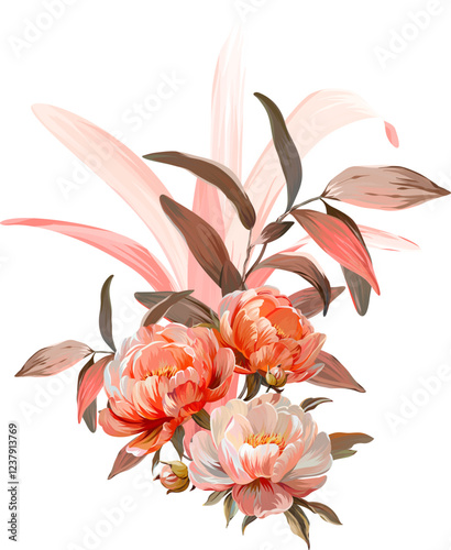 Vector bouquet of flowers. Roses, peonies, rose hips, foliage, bright summer flowers. Rose, peony