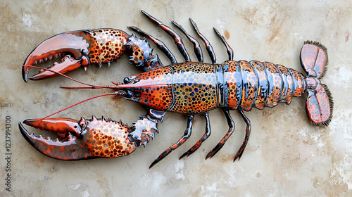 Lobster animal, seafood and fish restaurant delicacy. Vector ocean and sea fishery industry, lobster crab and shells in seaweed, chef gourmet delicatessen food photo