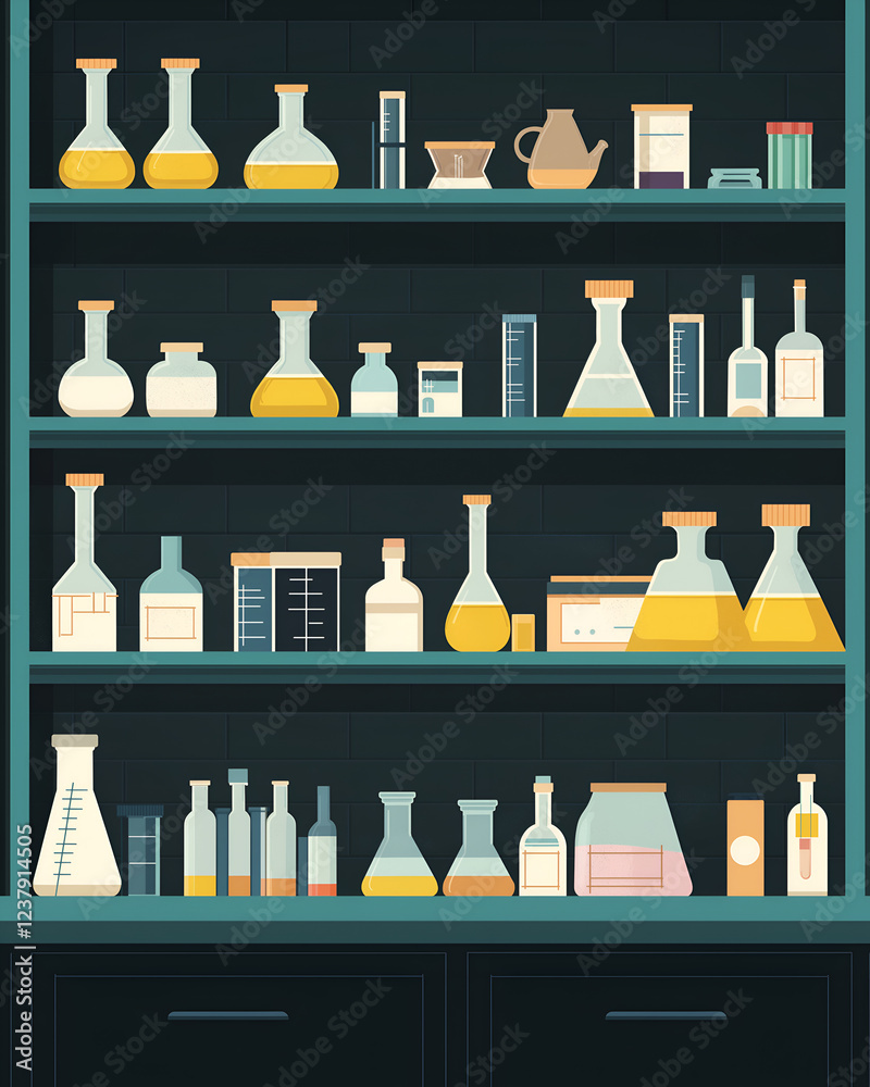 Flat design of a chemistry lab with beakers and test tubes. Vector illustrations concept Flat design of a chemistry lab with beakers and test tubes. Vector illustrations concept