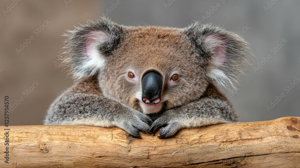 Obraz premium Koala resting on branch, zoo enclosure, blurred background, wildlife conservation