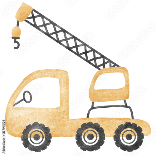 Cute watercolor crane truck construction machine illustration