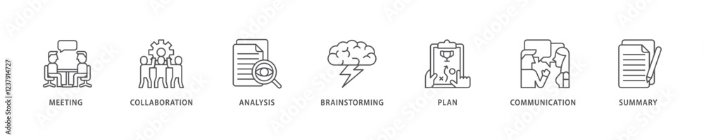Brief icon set flow process which consists of meeting, collaboration, analysis, brainstorming, plan, communication, and summary icon live stroke and easy to edit . Brief icon set flow process which consists of meeting, collaboration, analysis, brainstorming, plan, communication, and summary icon live stroke and easy to edit .