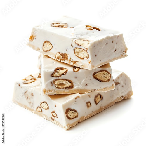 Delicious Nougat Pieces Isolated on Firm White Surface photo